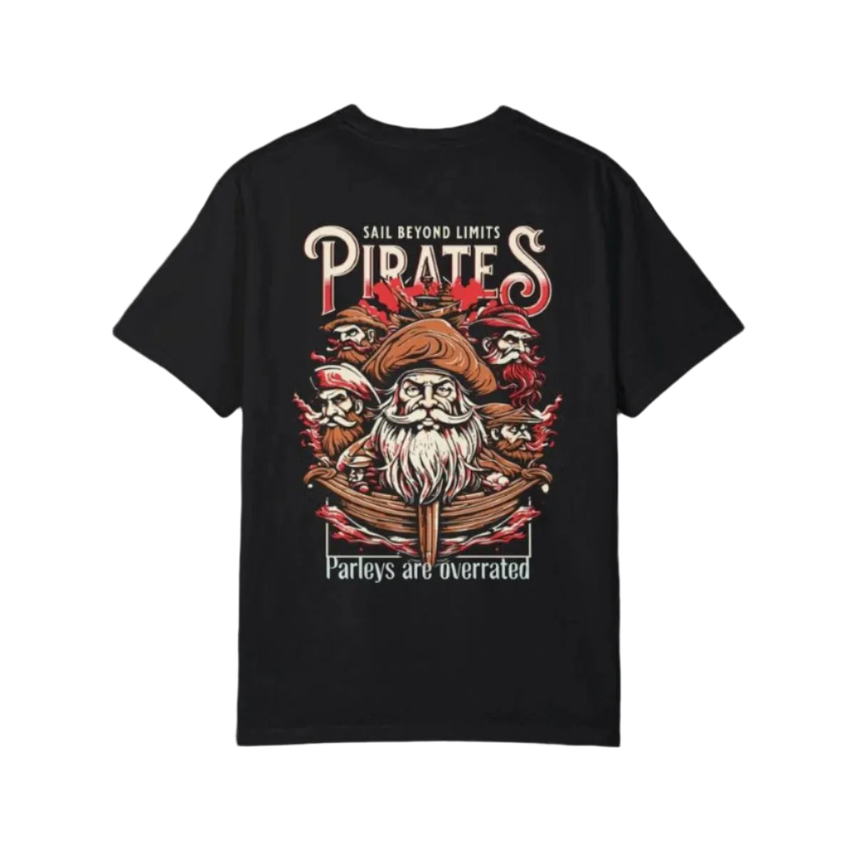 Black t-shirt with colorful pirate graphic, ships wheel, skulls, and 'Parleys are overrated' text.
